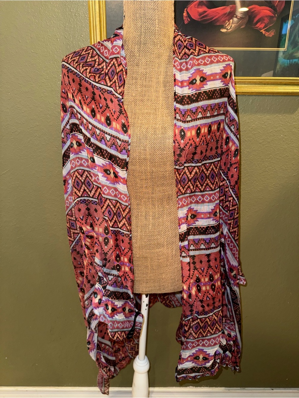 Boho Aztec Print Lightweight Shawl - Coral, Pink & Brown